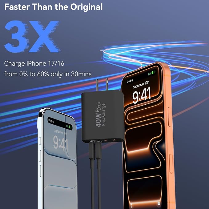 USB C Wall Fast Charger Block, 40W 4-Port Type C Chargers Fast Charging Blocks PD Power Charger Adapter+QC 3.0 USB Multiport Charger Brick for Phone 17/16/15/14/13/12 Pro Max, i-Pad, Galaxy S25-2Pack