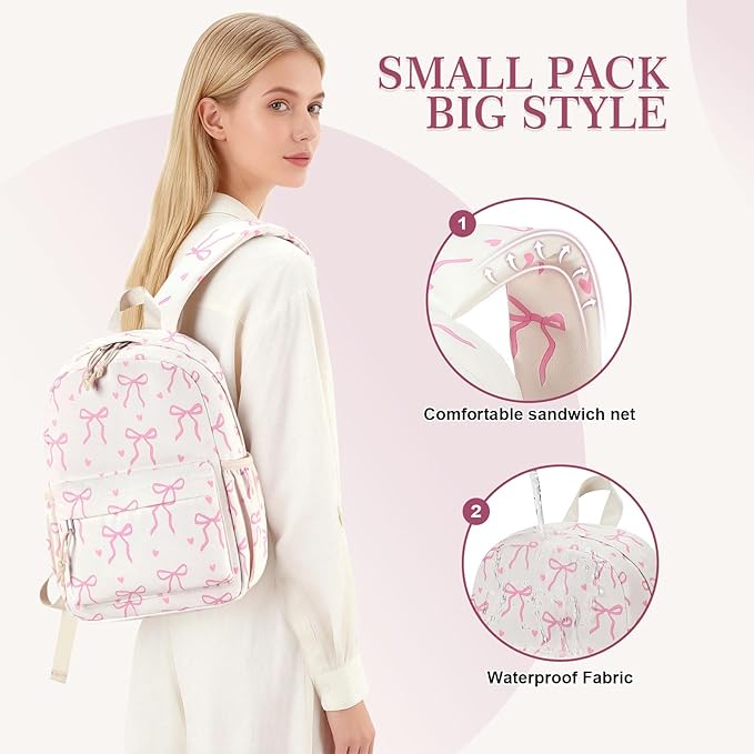 LOIDOU Backpack for Girls School Backpacks Bookbags for Elementary Middle School Women Laptop Backpacks (Mini Bow tie Beige, S-12)