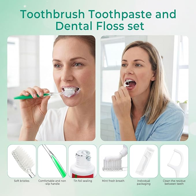 50 Sets Personal Hygiene Kit Bulk,10-IN-1 Green Individually Wrapped Disposable Travel Toothbrushes and Hotel Vanity Set Basic Toiletry Supplies for Homeless,Guests,Charity