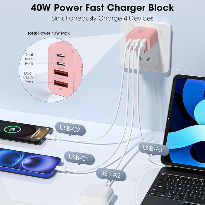 USB C Charger Block, 2 Pack 40W 4-Port iPhone Charger Fast Charging Multiport PD 3.0 & QC 4.0 Double Quick Charge, Compatible with iPhone 17/16/15/14/13/12/11，Pro Max，iPad, Samsung (2, Pink)