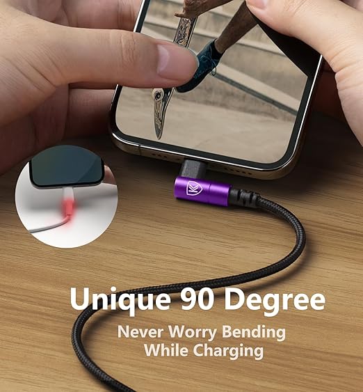 90 Degree iPhone Charger Cables 6FT, USB C to Lightning Cable [Apple MFi Certified] 3Pack Fast Charging, Nylon Braided USB C Lightning Cable Compatible with iPhone 14/13/12/11/Pro Max/Plus/8/7-Purple