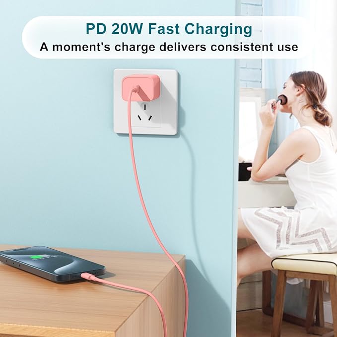 Fast Charger for iPhone 17 16 15 Charger Fast Charging, 6+10ft USBC to USBC Cable Cord &20W Type C Block for iPhone 17 Air, 16e, 17 16 15 (Pro Max/Pro/Plus), iPad Pro/Air/Mini, Pink