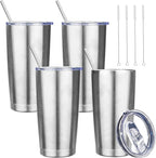 20 oz Tumbler with Lids and Straws, Stainless Steel Insulated Travel Coffee Mug, Double Wall Vacuum Insulated Tumblers, Powder Coated Coffee Tumbler for Cold & Hot Drinks (Silver, 4pack)