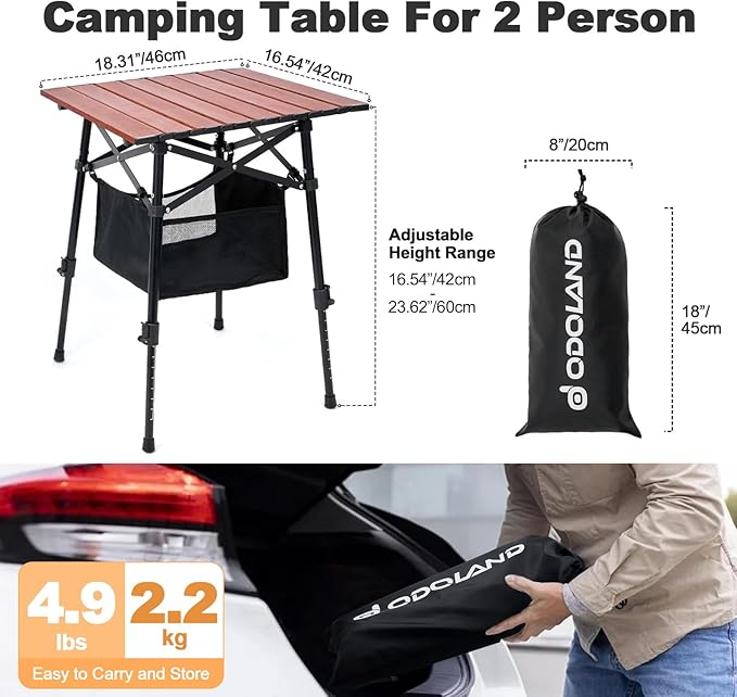 Odoland Portable Camping Table, 18.3"L x 16.5"W Folding Table with Adjustable Height 16.5" - 23.6", Large Beach Table with Storage Bag for Outdoor Camp, Cooking, Picnic, Travelling, Backyards, Fishing