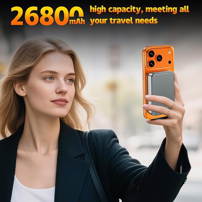 26800mAh Magnetic Power Bank, Mag-Safe Compatible Wireless Portable Charger, Aluminum Alloy, Large Capacity 20W Fast Charging USB-C, Travel Essential, for iPhone 17/16/15/14/13/12 Series, Silver Gray