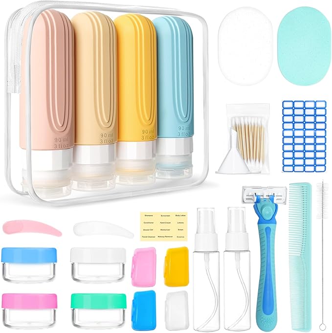 26 Pack Travel Size Toiletries, Tsa Approved Travel Containers for Toiletries, Leak Proof Silicone bottles and Shampoo Conditioner, Essential Toiletry Accessories.