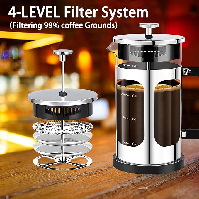 YMMIND French Press Coffee Maker (34oz 1Quart 5-6Cup) Coffee Press, with 4 Filters System, Heat Resistant Thickness Borosilicate Glass, Cold Brew Coffee Tea Pot Gifts (Silvery)
