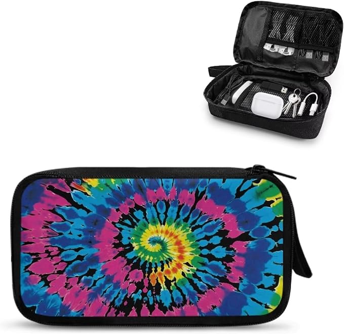 Tie Dye Print Portable Travel Cable Organizer Bag, Tech Storage Bag for Cord, Charger, Phone, Earphone, Hard Drive, USB, SD Card and Electronic Accessories