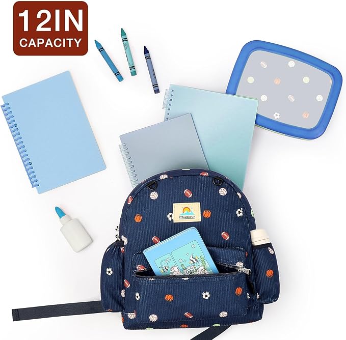 STEAMEDBUN Corduroy Toddler Backpack for Boys 2-4: Kids backpack for Boys Girls - 12 inch Preschool Kindergarten Backpacks