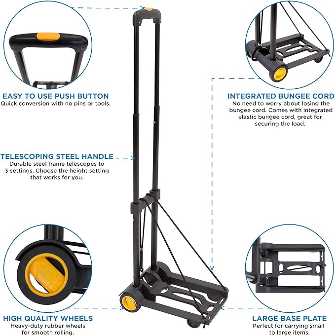 Mount-It! Folding Luggage Cart and Dolly | 77 Lb Capacity | Portable Lightweight Luggage Trolley Cart with Telescoping Handle and 4 Rubber Wheels | Steel Frame