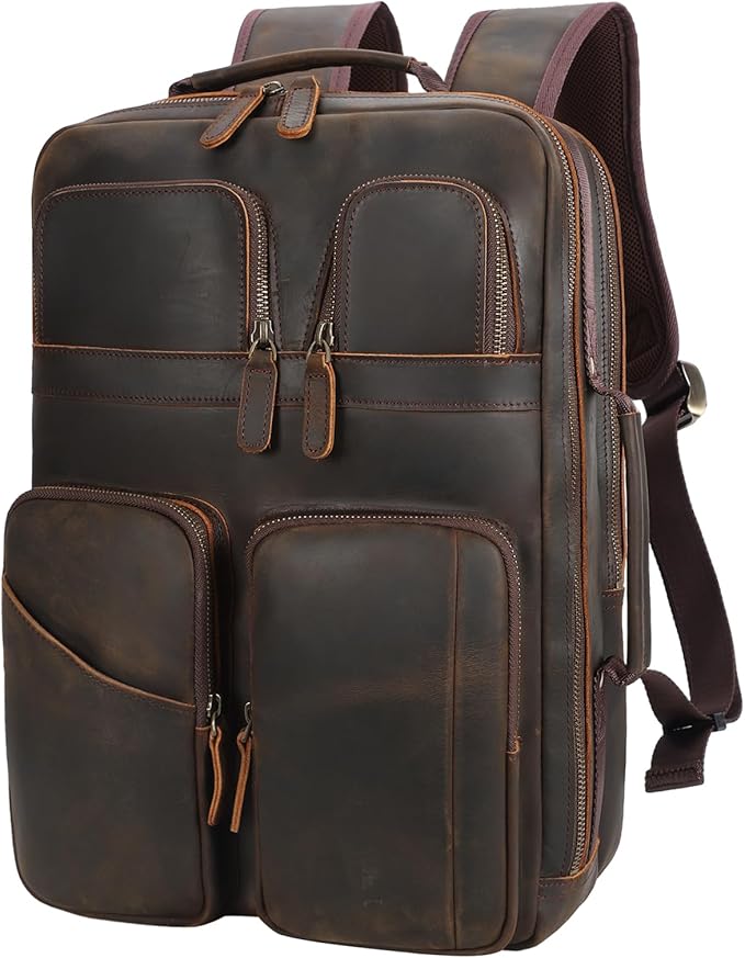 TIDING Full Grain Leather 15.6" Laptop Backpack for Men Multi Pockets Casual Daypack Business Travel Rucksack