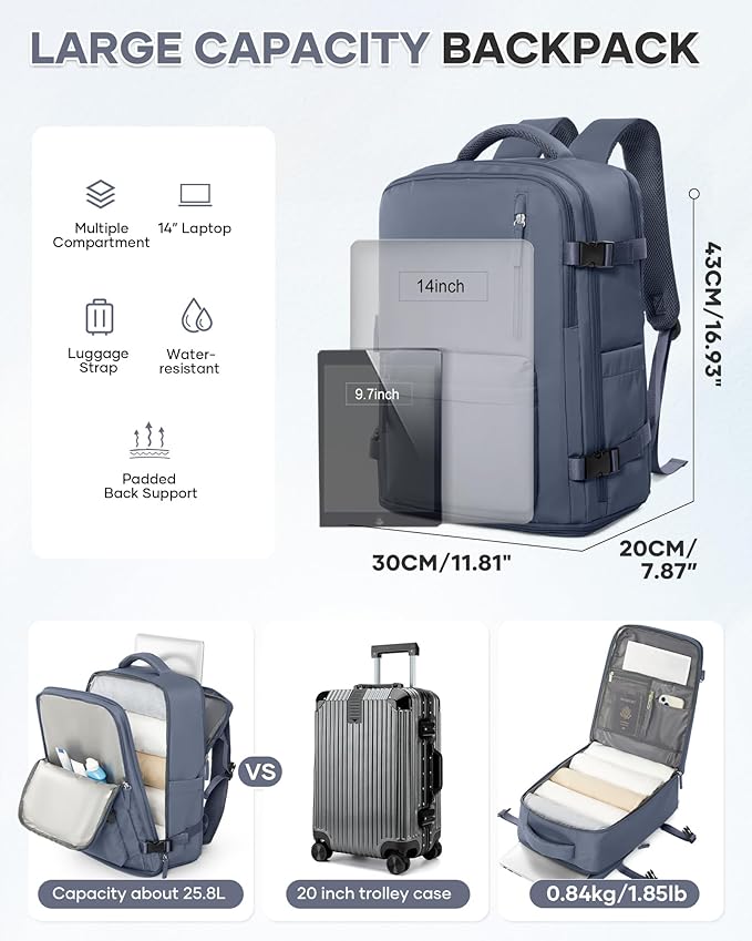 WONHOX Travel Backpack Women, Carry On Backpack for Men, Hiking Laptop Backpack Waterproof Outdoor Sports Rucksack Casual Daypack, Grey Blue