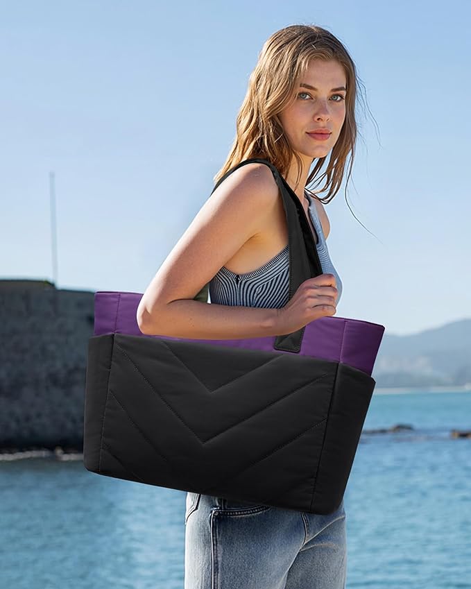 LOVEVOOK Tote Bag for Women, Puffer Work Travel Handbag with Zipper for Teacher Nurse, Quilted Cute Laptop Shoulder Gym Bag