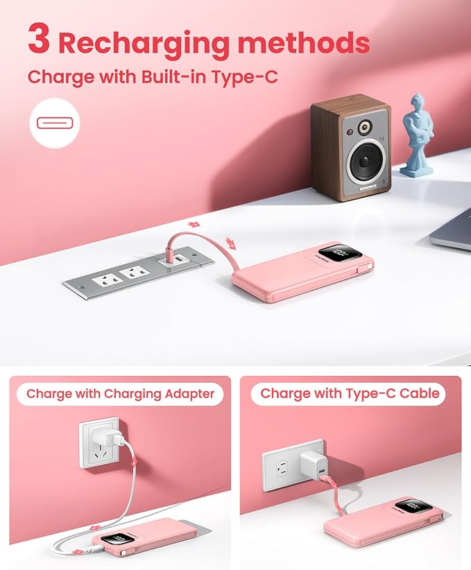Portable Charger with Built-in Cables,22.5W Super Fast Charging Power Bank Slim Phone Charger,10000mAh Travel Battery Pack Battery Bank with Smart LED Display for iPhone, Android & USB-C (Pink)