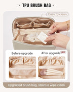 EACHY Travel Makeup Bag, Large Capacity Cosmetic Bag for Women, Waterproof PU Leather, Flat Open Portable Toiletry Bag for Skincare, Brushes & Travel Essentials