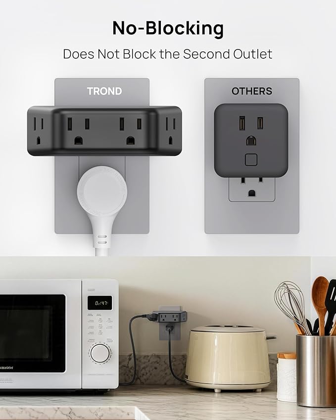 TROND Multi Plug Outlet Extender - Surge Protector Outlet Splitter with 4 Grounded Sockets, Angled Wall Plug Adapter, 900J, Multiple Wall Expander for Bathroom Kitchen Travel Dorm Room, Black