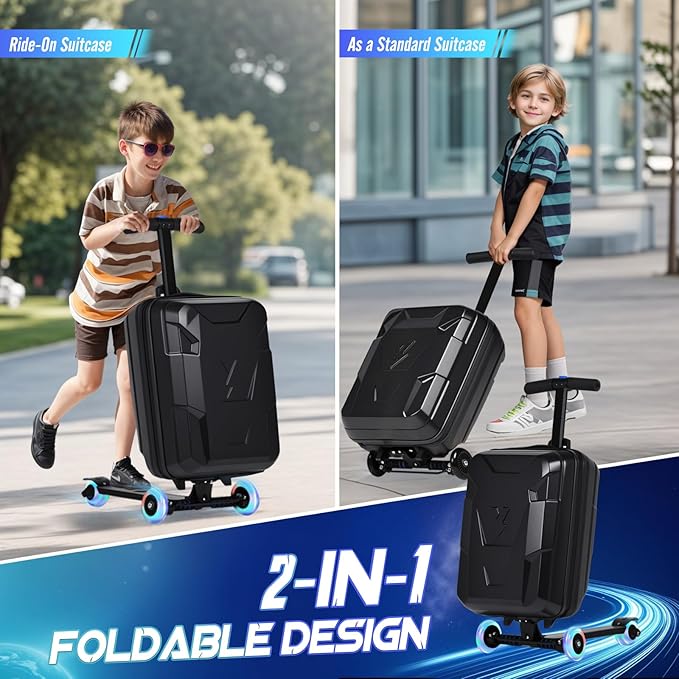 smilesun Scooter Suitcase for Kids & Adults, Foldable Carry On Travel Luggage, Hardside Ride on Scooter Suitcase with Spinner Wheels, Black
