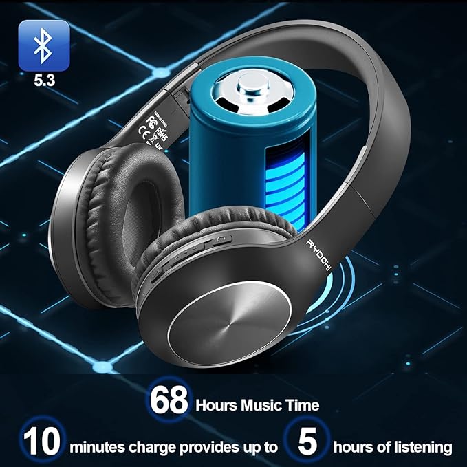 Rydohi Bluetooth Headphones Over Ear, 68H Playtime and 3 EQ Music Modes Wireless Headphones with Microphone/Deep Bass, HiFi Stereo Foldable Lightweight Headset for PC Home Travel Office （Black