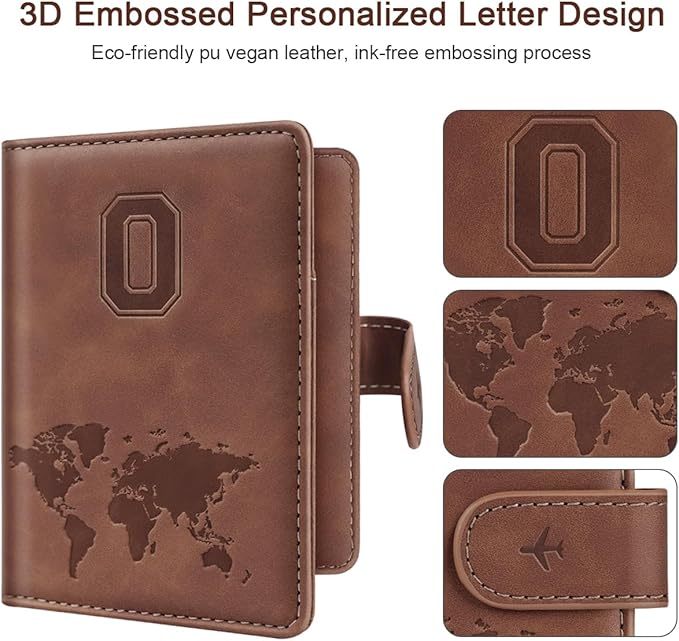 Passport Holder Wallet Cover Personalized Letter A-Z Travel Wallet RFID Blocking Passport Cover Wallet Case for Travel Passport Book Holders for Women and Men, Brown-O