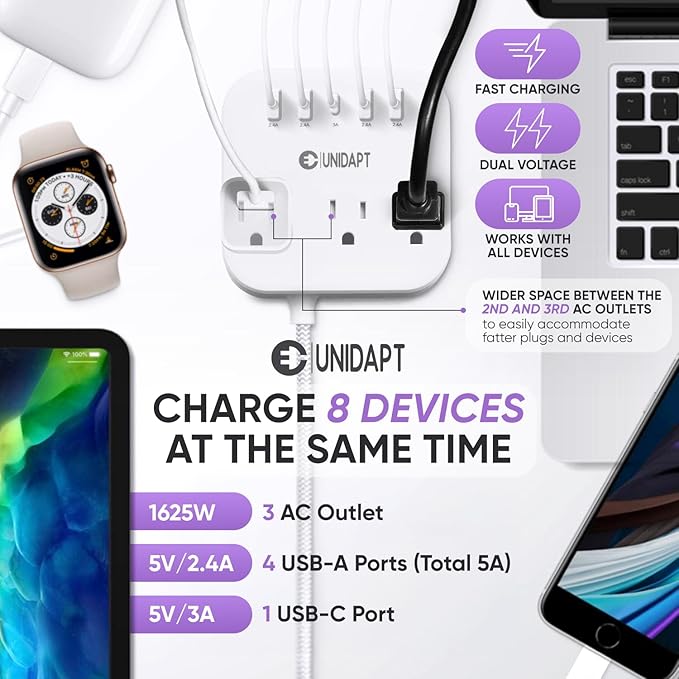 European Plug Adapter, Unidapt US to UK Europe Power Strip for EU/UK/US with USB C and 4 USB Ports, 3 AC Outlets, Wall Mountable, 5ft Extension Cord, for Travel Cruise Ship Home