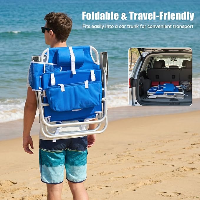 SUNNYFEEL Low Beach Chair, 5-Position Lay Flat Reclining, Backpack Portable Folding Chair with Cooler Bag & Cup Holder, Heavy Duty 350 LBS, Compact for Beach, Camping, Travel (New Blue)