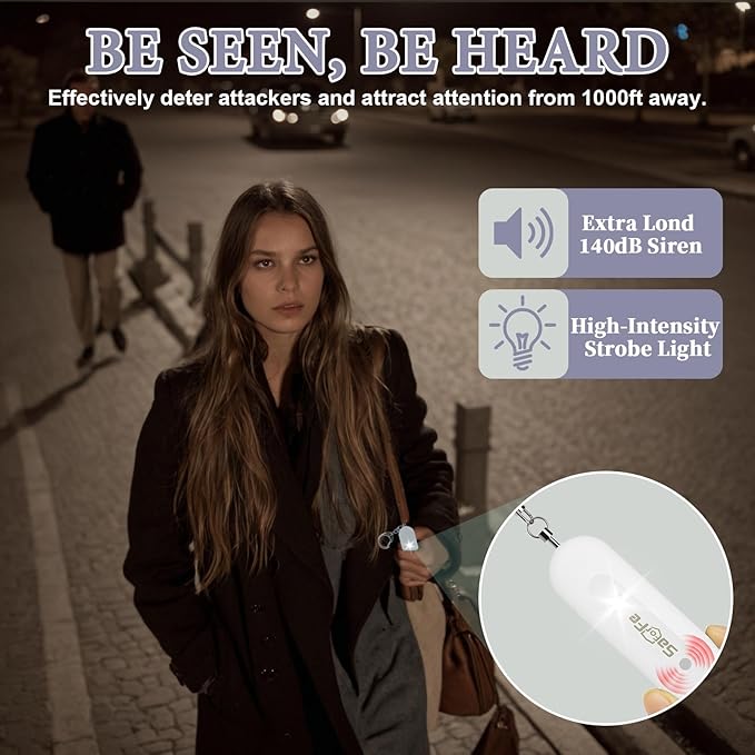Personal Safety Alarm - Waterproof Rechargeable Security Alarm - 140dB Extra Loud Siren & Strobe Light - Self Defense Keychain - Gift for Women, Teenagers, College Girls, Seniors (White)