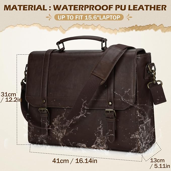 IGOLUMON Messenger Bag for Men 15.6 inch Vintage Leather Waterproof Laptop Briefcase for Men Large Computer Laptop Bag Leather Satchel Bag Retro Shoulder Bag for Office Business College, Coffee