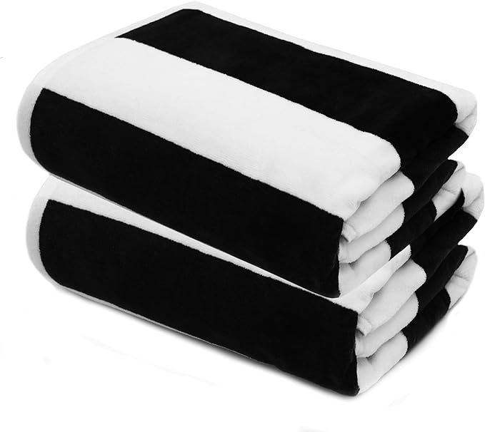 COTTON CRAFT Oversized XXL Beach Towel - 2 Pack 35x84 - The Big Kahuna 7 Foot Extra Large Beach Blanket Towel - Big & Tall - Huge 100% Cotton Velour Soft Luxury Pool Bath Towel - Cabana Stripe Black