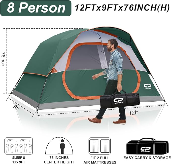 CAMPROS CP Upgraded 6/8 Person Camping Tents, Waterproof Windproof Family Tent with Larger Mesh Windows & Door, Double Layer, Easy Set Up, All-Season Dome Tent with Top Rainfly & Carry Bag