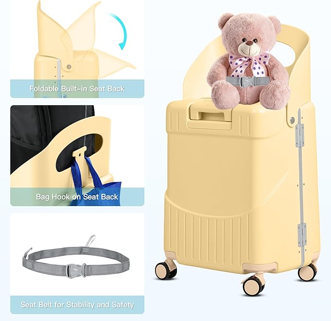 advwin 22" Ride-On Luggage with Seat for Kids & Adults, Lightweight Hardside Ride-On Suitcase with Front Opening, TSA Lock, 360° Spinner Wheels, Yellow