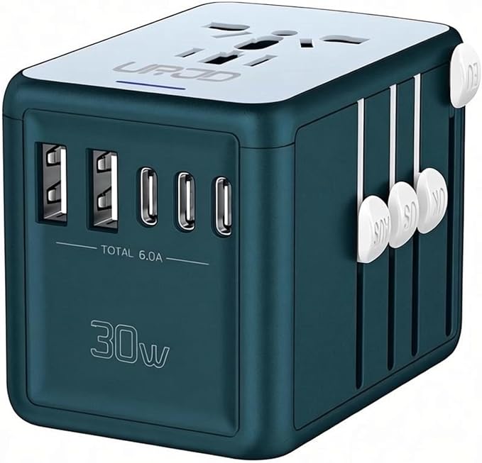 Universal Travel Adapter with 5 USB C/A Ports 30W Fast Charging, 2500W AC Outlet, International Power Adapter for Europe UK Japan, Travel Charger for Phone Laptop, 200+ Countries 10A Safety Fuse
