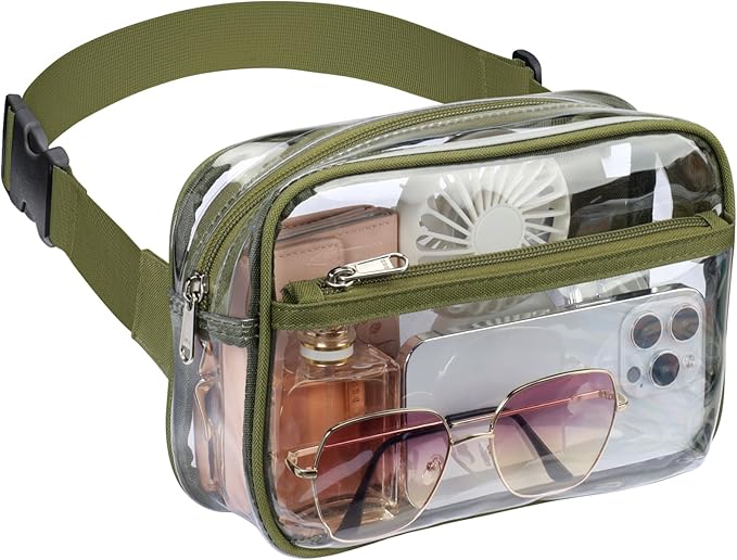 Packism Clear Fanny Pack Stadium Approved - Plus Size 35-51 inches Adjustable Strap Clear Belt Bag for Women Men Transparent Waist Bag for Concerts, Sporting Events, Green