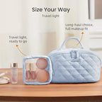 LOVEVOOK Travel Makeup Bag for Women, 2Pcs Puffer Waterproof Cosmetic Organizer, Large Capacity Pouch Open Flat Small Toiletry Bag with Brush Compartment & Handle (Blue, Medium)