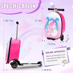Scooter Suitcase for Kids, Ride on Luggage for Girls Aged 3-8, Scooter Luggage with LED Wheels