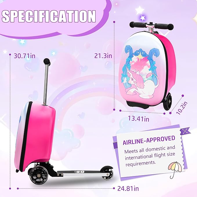Scooter Suitcase for Kids, Ride on Luggage for Girls Aged 3-8, Scooter Luggage with LED Wheels