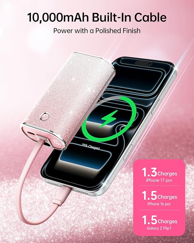 iWALK Sparkly 10000mAh Portable Charger, 22.5W Fast Charging Small Power Bank with Built-in USB-C Cable, Diamond Glitter Ultra-Compact Battery for iPhone 17/17 Pro/16/16 Pro/15, Samsung,ShinyPink