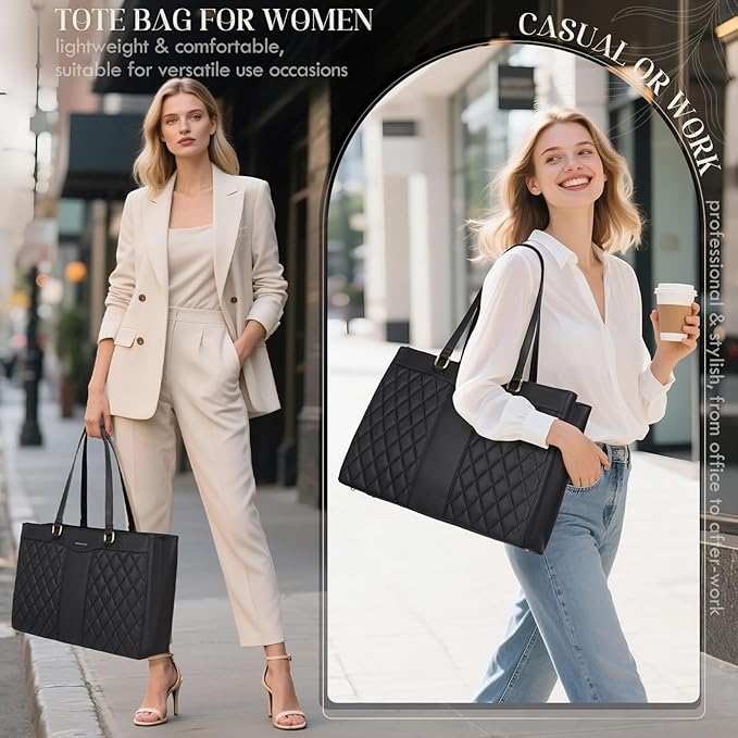 RAINSMORE Laptop Bag for Women 15.6 Inch Work Tote Bags Leather Laptop Tote Professional Laptop Purse Computer Handbag Womens Briefcase Tote with Clutch for Teacher Office Travel, Black