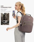 LOVEVOOK Laptop Backpack Purse for Women, Large Capacity Travel Business Computer Work Bag, Quilted Casual Nurse Backpack for Womens, Fit 15.6 Inch Laptop with USB Port, Brown