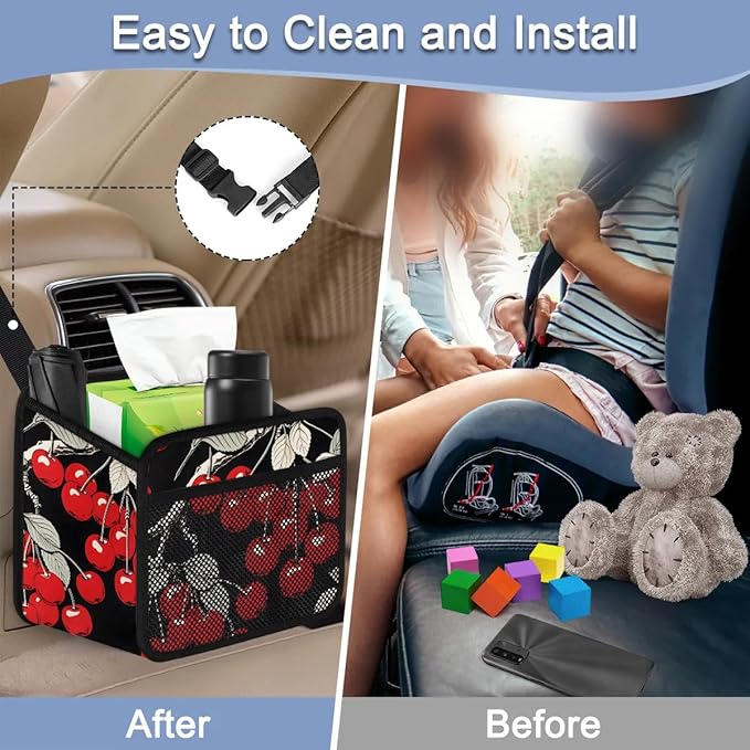 Car Backseat Organizer, PU Leather Back of Seat Cars Hanging Organizer with Pockets Leakproof Car Garbage Bag Hanging Cars Seat Storage Box Travel Accessories Foldable (Cherry Black)
