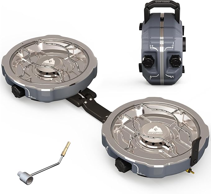 Cofiyard 20,000 BTUs 2 Burner Propane Camping Stove, Portable Folding Camp Stove with Adjustable Burners, Built-in Ignition and Carrying Bag, Dual Gas Stoves for Tailgating, Camping, BBQ Overland Grey