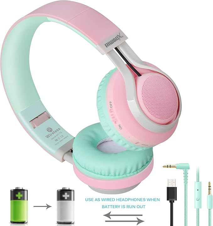 Riwbox WT-7S Bluetooth Headphones Light Up, Foldable Stero Wireless Headset with Microphone and Volume Control for PC/Tablet/TV/Travel (Pink Green)