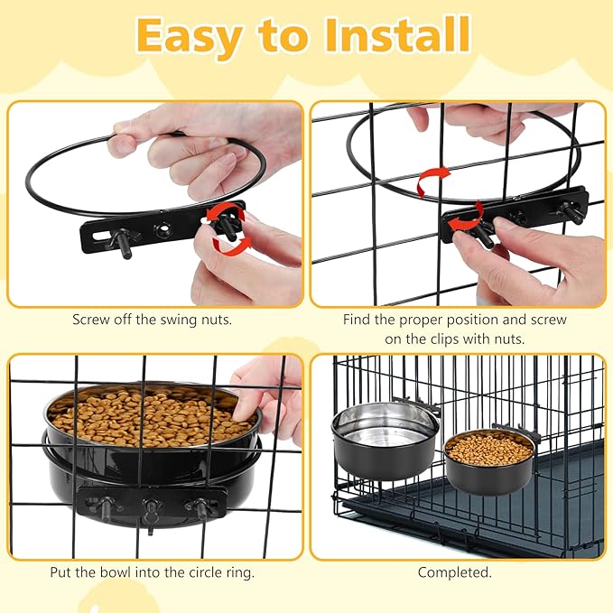 Dog Crate Water Bowl No Spill 2 Pack,Stainless Steel Dog Bowls for Food and Water, Pet Kennel Hanging Dogs Food Bowls for Medium/Large Dogs and Cats (7.1"x2.6" & 6.3"x2.6", Black)