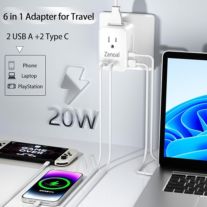 6 in 1 European Travel Plug Adapter,220v to 110v Voltage Converter,US to Europe Travel Adapter,20W PD USB-C Power Adapter, 2 USB A+ 2 Type C,Max 1400w for Hairdryer/traightener/Curling Iron