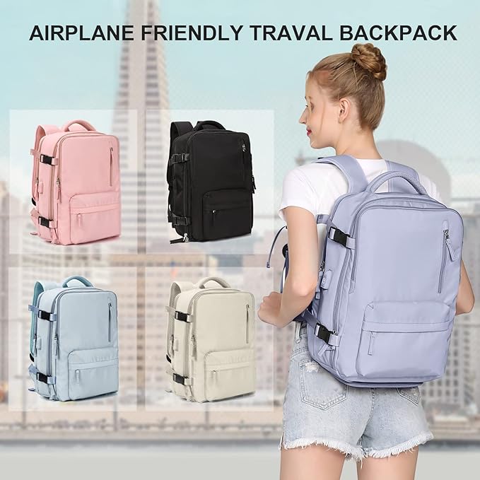 WONHOX Large Travel Backpack Women, Carry On Backpack, Hiking Backpack Waterproof Outdoor Sports Rucksack Casual Daypack with USB Charging Port Shoes Compartment, Taro Purple