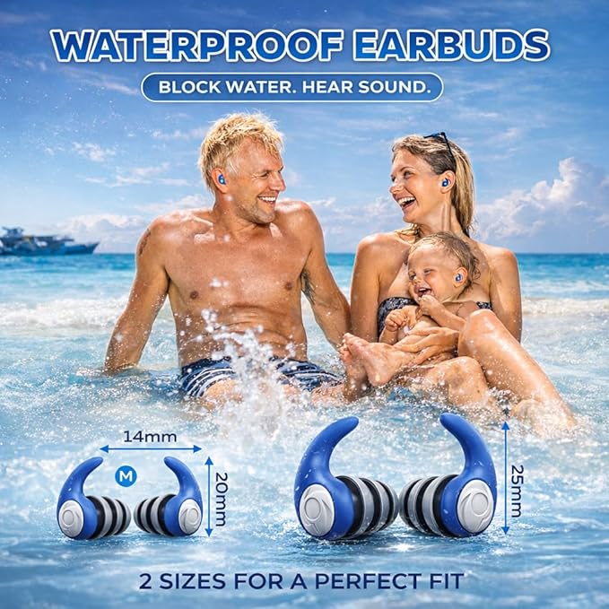 Swimming Ear Plugs for Adults with Lanyard, 3 Pairs Waterproof Reusable Soft Silicone Swim Earplugs for Pool, Surfing, Diving, Showering