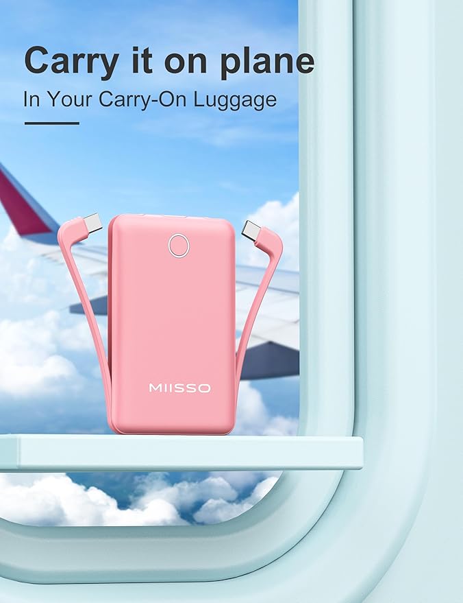 miisso 10000mAh Compatible with iPhone 15/16/17 and Android, Slim Portable Charger with Built in Cable, Power Bank Travel Charger External Battery Pack for Phone, 3 Output USB Type C Cord, Pink