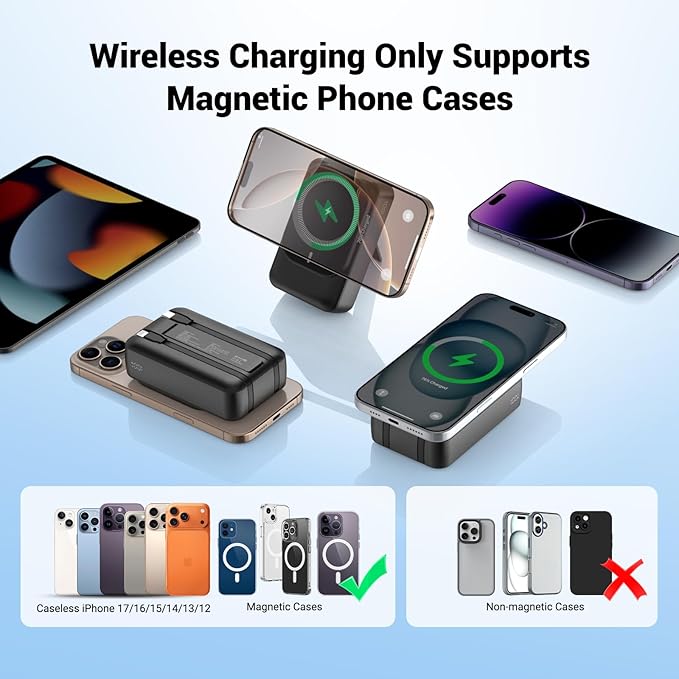 Magnetic Wireless Power Bank 26800mAh, PD 22.5W Type-C Fast Charging Portable Charger 5 Outputs, Battery Pack for Magsafe Built in 2 Cables with Stand LED Display for iPhone 17/16/15/14/13/12-Black