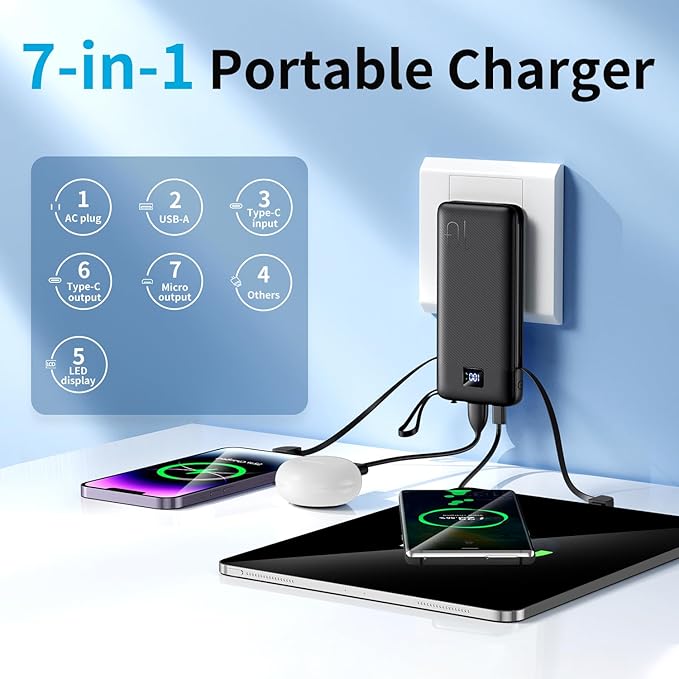 Portable Charger with Built-in Cables 10000mAh Power Bank with Cords, Slim Fast Charging Battery Pack, Portable Phone Charger for iPhone 16/15/14/13 Series, Samsung, Pixel, Travel Camping Essential