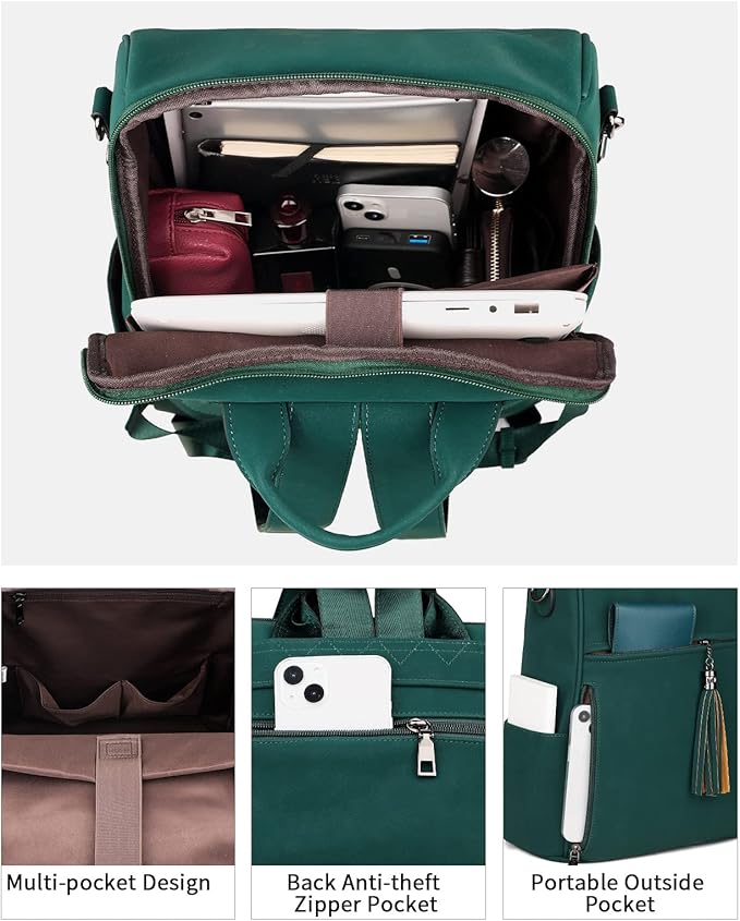 FADEON Leather Laptop Backpack for Women Designer 15.6 inch PU Laptop Bag, Ladies Travel Computer Work Backpack Green