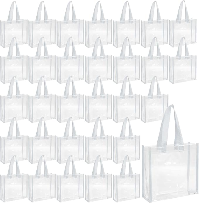 Eccliy 30 Pack 12x12x6 Inch Clear Tote Bag Stadium Approved Bulk Plastic Beach Tote Gift Bag with Handle for Gym Sports | 30 Pack, 12x12x6 Inch, Stadium Approved, Bulk, with Handle, Tote Gift Bag